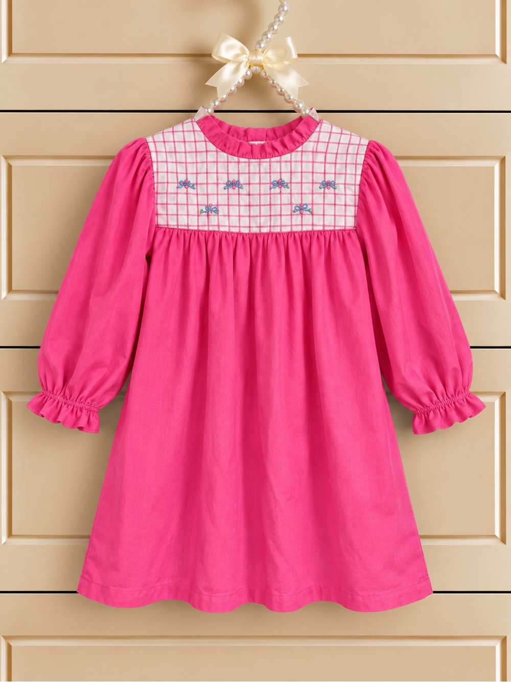 Vintage Classic Pink Long Sleeve Smocked Yoke Dress for Girls 6
